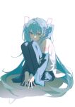  1girl absurdres aqua_eyes aqua_hair arm_tattoo bare_shoulders black_sleeves closed_mouth commentary detached_sleeves flat_fish990 hair_between_eyes hair_ornament hatsune_miku hatsune_miku_(vocaloid4) highres knees_up long_hair number_tattoo pleated_skirt shadow shirt simple_background sitting skirt sleeveless sleeveless_shirt solo tattoo thighhighs twintails v4x very_long_hair vocaloid white_background white_shirt 