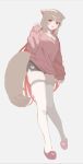 1girl animal_ears blush brown_hair colored_inner_animal_ears commentary_request fox_ears fox_girl fox_tail full_body hand_up highres hood hoodie long_hair mayu_shirasaki open_mouth original pink_hoodie pink_sweater red_eyes simple_background single_claw_pose skindentation sleeves_past_wrists solo sorotu sweater tail thighhighs very_long_hair white_background white_thighhighs 