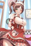  1girl animal_ears apron apron_hold bare_shoulders blush breasts brown_hair checkered_clothes checkered_skirt closed_mouth clothing_cutout commentary_request diner freckles green_eyes highres horse_ears horse_girl horse_tail ines_fujin_(melty_gift)_(umamusume) ines_fujin_(umamusume) large_breasts looking_at_viewer maid_headdress one_eye_closed print_scrunchie red_apron red_scrunchie scrunchie shirt short_sleeves shoulder_cutout side_ponytail skirt smile solo tail takmi umamusume waitress white_shirt 