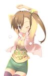  arata_toshihira arms_up brown_eyes brown_hair casual futami_mami idolmaster idolmaster_(classic) idolmaster_2 long_hair one_eye_closed side_ponytail solo thighhighs 