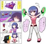  1girl 4koma alternate_costume belt black_hair comic cutting_hair drowzee flipped_hair gen_1_pokemon gold_(pokemon) haunter midriff misahiro natsume_(pokemon) pokemon pokemon_(creature) pokemon_(game) pokemon_frlg pokemon_hgss red_eyes scissors sleeping sweatdrop translated 