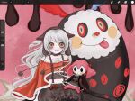  1girl beanie black_choker blank_stare brown_eyes capelet charlotte_(madoka_magica) choker commentary crazy_eyes dollythebanshee earflap_beanie hat highres long_hair mahou_shoujo_madoka_magica momoe_nagisa momoe_nagisa_(magical_girl) orange_capelet procreate_(software) skirt suspender_skirt suspenders tongue tongue_out watermark white_hair 