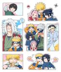  1girl black_hair blonde_hair commentary_request facial_mark flak_jacket forehead_protector green_jacket haruno_sakura hatake_kakashi highres jacket jiraiya_(naruto) konohagakure_shinobi_uniform korean_commentary multiple_boys naruto_(classic) naruto_(series) orange_jacket pink_hair rock_lee spiked_hair teacher_and_student team_7_(naruto) toganeki uchiha_sasuke uzumaki_naruto whisker_markings 