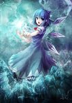  absurdres bad_id bad_pixiv_id blue blue_eyes blue_hair bow cirno dress hair_bow highres ice open_mouth outstretched_arm signature solo touhou wings yinzhai 