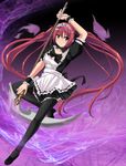  airi_(queen's_blade) black_legwear breasts cleavage green_eyes hair_ribbon long_hair maid maid_headdress medium_breasts queen's_blade red_hair ribbon scythe shinjitsu_(true_ride) shoes smile solo thighhighs twintails wrist_cuffs 