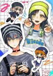  2boys 2girls :o alternate_costume aoyagi_touya arms_behind_head azusawa_kohane beanie black_choker black_hat black_nails blue_hair brown_eyes brown_hair can choker claw_pose closed_mouth ear_piercing earrings fingernails green_nails hair_ornament hand_up hands_up hat headphones headphones_around_neck highres holding holding_can jewelry kitaete_fly!_muscle_training!_(project_sekai) long_hair long_sleeves looking_at_viewer mole mole_under_eye multicolored_hair multiple_boys multiple_girls nail_polish official_alternate_costume open_mouth orange_hair piercing project_sekai protected_link rekindle_the_flame_(project_sekai) shinonome_nano shiraishi_an short_hair short_sleeves short_twintails shorts socks split-color_hair star_(symbol) star_hair_ornament teeth twintails two-tone_hair upper_body upper_teeth_only vivid_bad_squad_(project_sekai) yellow_eyes yngpeaceful 