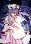  aka_ringo book bow capelet finger_to_mouth frills hair_bow hair_ribbon hat long_hair magic_circle patchouli_knowledge purple_eyes purple_hair ribbon solo squinting touhou 