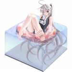  afloat ahoge amino_dopple bad_id bad_pixiv_id barefoot cube feet food foreshortening half_updo highres innertube isometric long_hair mouth_hold name_tag one-piece_swimsuit orange_eyes original ponytail popsicle school_swimsuit silver_hair soles solo swimsuit very_long_hair water 