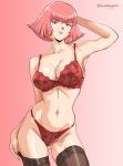  1girl black_thighhighs bra breasts collarbone david_huang gradient_background gundam gundam_zz haman_karn hashtag-only_commentary highres lace-trimmed_bra lace-trimmed_panties lace_trim large_breasts midriff navel panties pink_background pink_hair purple_eyes red_bra red_panties short_hair sidelocks skindentation solo standing thighhighs thighs underwear zeta_gundam 