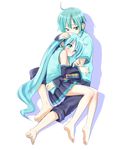  1girl ahoge aqua_eyes aqua_hair aqua_nails barefoot detached_sleeves dual_persona feet genderswap genderswap_(ftm) hatsune_miku hatsune_mikuo hug legs long_hair mtu_(orewamuzituda) nail_polish sitting skirt toes twintails vocaloid 