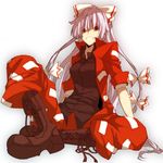  adapted_costume alternate_costume bad_id bad_pixiv_id boots bow cross-laced_footwear dress_shirt fujiwara_no_mokou grin hair_bow hair_ribbon hirasaka_ine jacket lace-up_boots long_hair ofuda pants red_eyes ribbon shirt silver_hair sitting smile solo touhou white_hair 