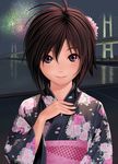  aerial_fireworks ahoge black_eyes bridge brown_hair face fireworks floral_print flower hair_ornament hands idolmaster idolmaster_(classic) japanese_clothes kikuchi_makoto kimono nekopuchi night smile solo water yukata 