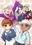  4girls angry archer artoria_pendragon_(all) bad_id bad_pixiv_id black_hair blonde_hair blue_eyes brother_and_sister chibi child dress emiya_shirou fate/stay_night fate_(series) green_eyes hair_ribbon happy illyasviel_von_einzbern lowres matou_sakura multiple_boys multiple_girls raglan_sleeves ribbon saber siblings sisters takanasi123 toosaka_rin white_hair younger 