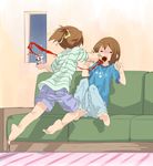  bad_feet barefoot brown_hair chopsticks feet food hair_ornament hair_ribbon hairclip highres hirasawa_ui hirasawa_yui k-on! kuroba_u multiple_girls open_mouth ponytail ribbon short_hair siblings sisters spicy translated 