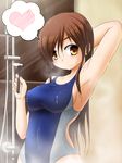  armpits brown_eyes brown_hair competition_swimsuit heart kamino_reita long_hair one-piece_swimsuit original razor shaving_cream showering solo spoken_heart swimsuit wet 