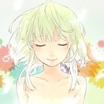  bad_id bad_pixiv_id booota closed_eyes feathers flower green_hair gumi highres nude short_hair smile solo vocaloid 