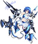 armored_core armored_core:_for_answer bare_shoulders blue_hair electricity gloves gun highres luceva mecha_musume midriff navel rifle short_hair simple_background skirt solo stasis weapon 