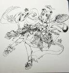  1girl =_= absurdly_long_hair absurdres ahoge animal ankle_ribbon arm_bow arm_warmers back_bow beads bow bowtie bubble_skirt cat chinese_commentary clinging cloak clothed_animal commentary_request dot_nose double_bun dreamtime_bestowed_(infinity_nikki) dress dress_bow ear_covers falling frilled_arm_warmers frills frown full_body greyscale hair_beads hair_bow hair_bun hair_ornament hair_ribbon halo heart heart_hair_ornament high_heels highres holding holding_spoon hood hood_up hooded_cloak hour005628 infinity_nikki large_bow layered_dress leg_ribbon long_hair medium_dress momo_(nikki) monochrome nib_pen_(medium) nikki_(series) open_mouth oversized_object parted_bangs pen_(medium) photo_(medium) platform_shoes ribbon ribbon_earrings shoes skirt spoon star_(symbol) stiletto_heels strapless strapless_dress traditional_bowtie traditional_media twintails very_long_hair whiskers wrist_bow 