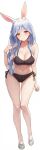  1girl absurdres ai-generated alternate_costume animal_ear_fluff animal_ears bikini black_bikini blue_hair braid breasts cleavage commentary_request full_body highres hololive k_at_ie_(hxk82) large_breasts long_hair looking_at_viewer mature_female multicolored_hair navel pekomama rabbit_ears rabbit_girl red_eyes short_eyebrows side-tie_bikini_bottom smile solo stomach swimsuit thick_eyebrows thighs two-tone_hair virtual_youtuber white_hair 