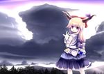  blonde_hair bow cloud gourd hair_bow highres horns ibuki_suika long_hair looking_back ofuda open_mouth ponytail ribbon solo touhou tsubasa_(abchipika) waving yellow_eyes 