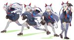  1girl animal_ears arms_up ball baseball_(object) baseball_cap baseball_mitt belt belt_buckle bike_shorts black_skirt blue_eyes brown_shoes buckle clenched_teeth closed_mouth commentary_request flat_chest from_side frown full_body grey_hair grey_tail grey_thighhighs hair_ornament hairclip hat highres holding holding_ball horse_ears horse_girl horse_tail loafers long_hair looking_afar miniskirt motion_blur multiple_views neckerchief nishiki_kazue open_mouth pitching revision sailor_collar sequential shirt shoes skirt standing tail tamamo_cross_(umamusume) teeth thighhighs throwing umamusume v-shaped_eyebrows very_long_hair white_background wide_sleeves 