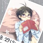  :3 antenna_hair black_hair blue_eyes blush book face glasses happy_birthday idolmaster idolmaster_(classic) k.y_ko kikuchi_makoto lying navel necktie photo_(object) pillow shirt short_hair smile solo star striped 