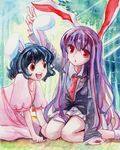  animal_ears black_hair blazer bunny_ears inaba_tewi jacket long_hair multiple_girls necktie purple_hair red_eyes red_neckwear reisen_udongein_inaba short_hair touhou yui_(calling_dr_love_m) 