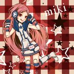  :p aco_(acocan) ahoge android bad_id bad_pixiv_id boots cuffs dress gloves headset kneehighs long_hair plaid red_eyes red_hair sf-a2_miki socks solo star striped striped_legwear tongue tongue_out vocaloid 