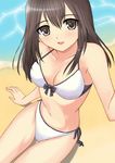  arm_support beach bikini blush brown_eyes brown_hair day highres long_hair looking_at_viewer miracle_hoshi original parted_lips pov side-tie_bikini smile solo swimsuit thigh_gap 