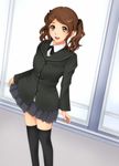  amagami brown_eyes brown_hair face kibito_high_school_uniform kishida-shiki long_sleeves nakata_sae pleated_skirt school_uniform skirt solo thighhighs twintails 