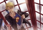  america_(hetalia) axis_powers_hetalia blonde_hair blue_eyes clothes_writing corded_phone cosplay dc_comics formal male_focus mimosa_(mimosa1989) phone phone_booth rain solo suit superman superman_(cosplay) 