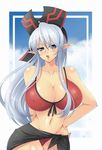  bad_id bad_pixiv_id bikini black_sarong breasts cleavage cloud covered_nipples duel_monster front-tie_top groin hand_on_hip highres huge_breasts kami_koppu long_hair navel open_mouth pointy_ears ruin_queen_of_oblivion sarong silver_eyes silver_hair solo swimsuit very_long_hair yuu-gi-ou yuu-gi-ou_duel_monsters 