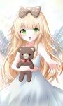  1girl :d angel_wings bare_shoulders blonde_hair bow bowtie brown_bow cowboy_shot dot_nose dress feathered_wings foreshortening green_eyes hair_bow highres light_blush long_hair looking_at_viewer lydia_eldridge muv-luv muv-luv_girls_garden open_mouth outstretched_arm outstretched_hand plaid_bow reaching reaching_towards_viewer red_bow red_bowtie shiryu7225581 simple_background sleeveless sleeveless_dress smile solo sparkle spread_fingers stuffed_animal stuffed_toy sundress teddy_bear traditional_bowtie very_long_hair white_background white_dress white_wings wings 