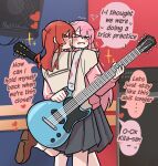  >_< 2girls absurdres blush bocchi_the_rock! commentary cube_hair_ornament electric_guitar english_commentary english_text gotoh_hitori grey_skirt guitar hair_ornament heart highres hug instrument kita_ikuyo long_hair multiple_girls nattydodo_002 open_mouth pink_hair red_hair school_uniform shuka_high_school_uniform side_ahoge side_ponytail skirt smile speaker sweatdrop yuri 