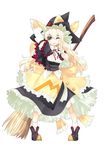 blonde_hair braid broom buckle buttons capelet embellished_costume frills grin hand_behind_head hat highres ichikawa_ryuunosuke kirisame_marisa long_hair looking_at_viewer one_eye_closed simple_background smile solo touhou undefined_fantastic_object witch_hat yellow_eyes 