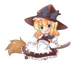  alternate_color apron blonde_hair braid broom brown_eyes chibi dress hair_ribbon hat kirisame_marisa long_hair red_dress ribbon side_braid solo tobi_(nekomata_homara) touhou touhou_hisoutensoku witch_hat 