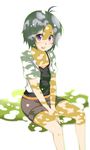  aoi2410 black_hair casual dappled_sunlight idolmaster idolmaster_(classic) idolmaster_2 kikuchi_makoto purple_eyes shade short_hair sitting solo sunlight v_arms 