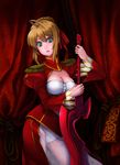  aestus_estus ahoge blonde_hair breasts cleavage dress epaulettes fate/extra fate_(series) green_eyes highres irie large_breasts nero_claudius_(fate) nero_claudius_(fate)_(all) see-through solo sword weapon 