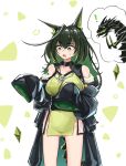  ! 1girl absurdres ahoge animal_ears arknights ass_visible_through_thighs bare_shoulders black_coat black_hair breast_expansion breasts coat collarbone colored_inner_hair commentary_request cowboy_shot creature_and_personification dress emoji green_dress green_eyes green_hair groin highres huge_ahoge large_breasts long_hair microdress mon3tr_(arknights) mon3tr_(summon)_(arknights) multicolored_hair no_panties off_shoulder open_mouth personification sleeves_past_fingers sleeves_past_wrists solo standing sweatdrop white_background zhenjie20 