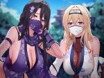  2girls ahoge ayul_(ayulneri_92) bare_shoulders black_hair blonde_hair blue_eyes blue_sky blurry blurry_background blush breasts commentary_request fishnet_gloves fishnets flower forehead_protector gloves hair_between_eyes hair_flower hair_ornament headband japanese_clothes large_breasts long_hair_between_eyes looking_at_viewer mask mole mole_under_eye mouth_mask multiple_girls ninja ninja_mask original outdoors scarf sky 