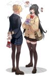  2girls ? ?? absurdres alternate_costume arms_behind_back astra_yao black_hair blonde_hair blue_skirt blush brown_bag brown_cardigan brown_shoes brown_thighhighs cardigan closed_eyes commentary_request evelyn_chevalier gift hair_intakes hairband highres holding holding_behind_back holding_gift korean_commentary long_hair mizmizu27 multiple_girls open_mouth shoes skirt spoken_blush spoken_question_mark standing thighhighs white_hairband yuri zenless_zone_zero 