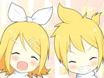  1girl bad_id bad_pixiv_id blonde_hair blush bow brother_and_sister closed_eyes grin hair_bow hair_ornament hairclip kagamine_len kagamine_rin short_hair siblings smile tsukina_(artist) twins vocaloid 