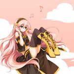  blue_eyes boots headset knee_boots legs_up long_hair megurine_luka midriff musical_note pink_hair reina_(black_spider) solo thighhighs very_long_hair vocaloid 