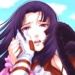  close-up gloves ki_(pixiv239687) lips oichi_(sengoku_basara) purple_eyes purple_hair sengoku_basara solo_focus tears wind 