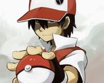  baseball_cap black_hair fingerless_gloves foreshortening gloves hands hat holding holding_poke_ball looking_at_viewer male_focus pixiv_red poke_ball poke_ball_(generic) pokemon pokemon_(game) poppo16 red_(pokemon) red_eyes solo 