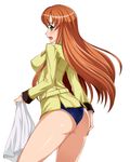  ashford_academy_swimsuit ashford_academy_uniform ass breasts code_geass covered_nipples flat_ass from_behind green_eyes long_hair looking_back medium_breasts open_mouth orange_hair school_uniform shirley_fenette solo swimsuit swimsuit_under_clothes towel yokaze_japan 