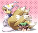  2girls :o animal_ears blonde_hair brown_hair cat_ears chen closed_eyes earrings fox_tail hat jewelry long_sleeves multiple_girls multiple_tails open_mouth outstretched_arms pillow_hat polka_dot polka_dot_background pure_(kawamoto_nami) short_hair single_earring tail tassel touhou yakumo_ran yellow_eyes 