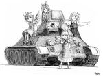  caterpillar_tracks cirno greyscale ground_vehicle hokuyoo military military_vehicle monochrome motor_vehicle multiple_girls mystia_lorelei oota_jun'ya_(style) parody rumia sketch style_parody t-34 tank team_9 touhou traditional_media wriggle_nightbug 