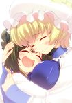  :d blonde_hair bloom brown_hair chen close-up happy hat highres hug hyouju_issei multiple_girls open_mouth short_hair smile touhou yakumo_ran 