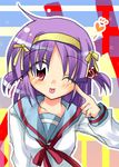  bad_id bad_pixiv_id cosplay hairband hayate_no_gotoku! kita_high_school_uniform kuriyuzu_kuryuu one_eye_closed parody purple_hair red_eyes school_uniform segawa_izumi serafuku short_hair solo suzumiya_haruhi suzumiya_haruhi_(cosplay) suzumiya_haruhi_no_yuuutsu twintails 